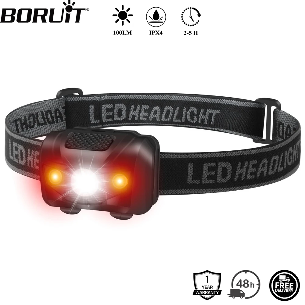 Boruit 3W Mạnh MẽKhông Mini Đèn Pha Đèn Đỏ Đèn Pha LED 4 Chế Độ Chống Nước Đầu Đèn Pin Cắm Trại Săn Bắn Đèn Pin AAA pin