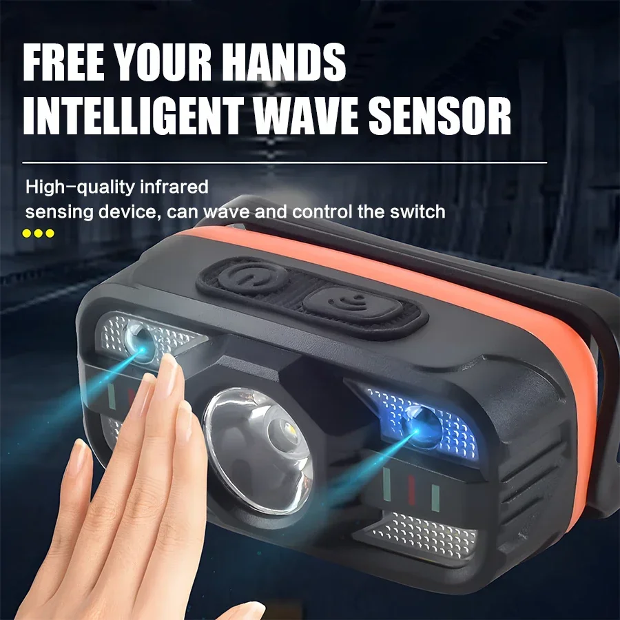 Linterna frontal LED recargable por USB, luz portátil con batería integrada, 6 modos de iluminación, linterna frontal de pesca, linterna para acampar al aire libre