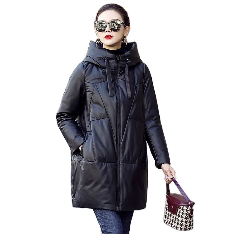 Preto casaco de couro do plutônio com capuz para baixo roupas de algodão feminino 2024 inverno casulo-tipo grosso solto algodão-acolchoado jaqueta parkas grosso