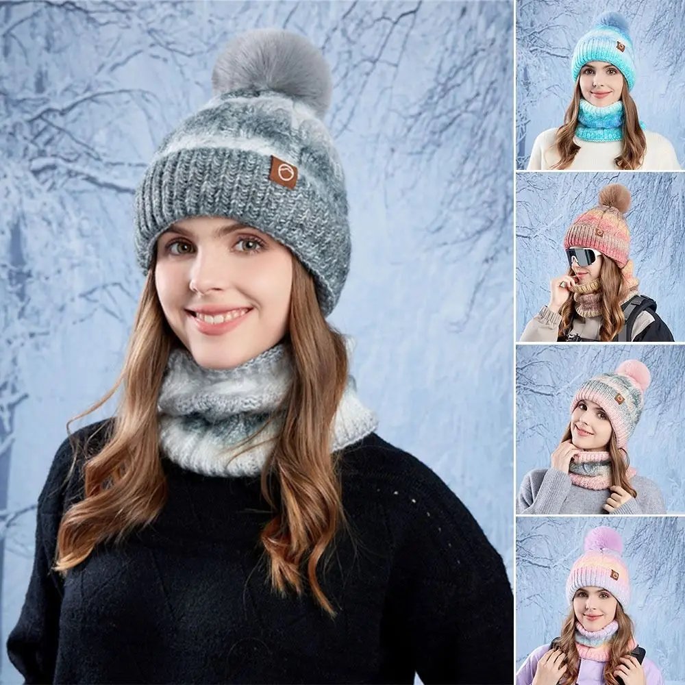 Gorro de punto de Color degradado, conjunto de bufanda a prueba de frío, gorros a prueba de viento, gorros gruesos cálidos para invierno, gorros para ciclismo y esquí para mujer