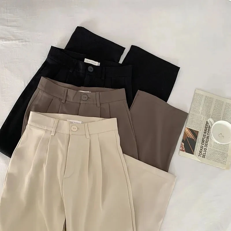 Calça feminina de fato reto de cintura alta, calça feminina do escritório, de botão casual, calça preta feminina solta, outono, nova, 2024
