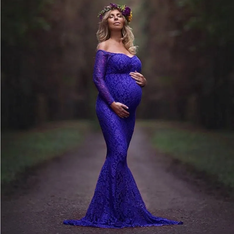 2025 Mermaid Maternityชุดสําหรับถ่ายภาพลูกไม้Maxiชุดคลุมท้องปิดไหล่เซ็กซี่ผู้หญิงชุดการตั้งครรภ์การถ่ายภาพProp