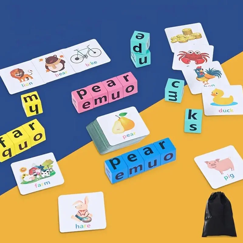 Word Spelling Game Wooden Reading Building Blocks With 40 Cards Letters Puzzle For Kids Montessori Alphabet Learning Toy
