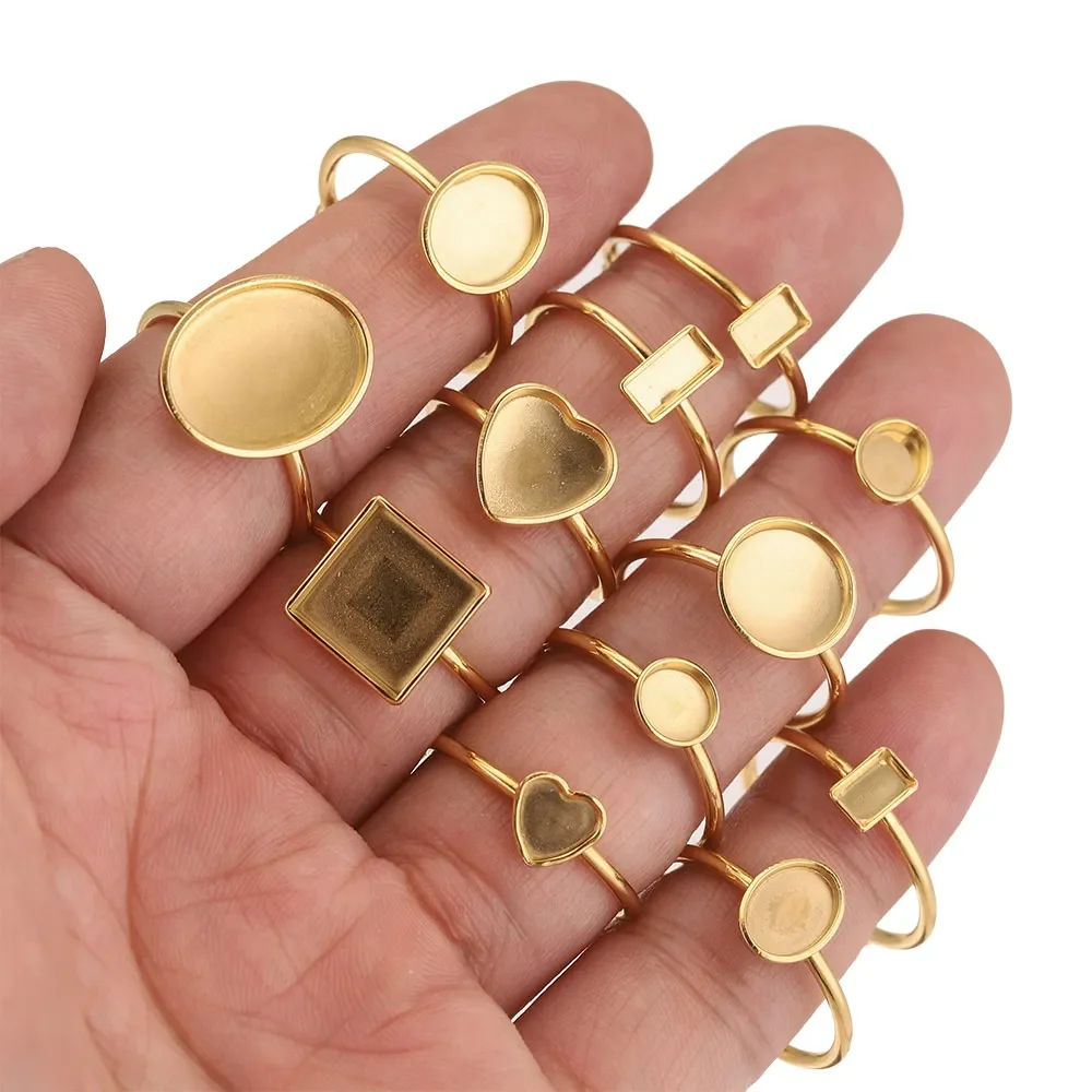 10 Uds. Ajustes de anillo abierto de acero inoxidable ajustables Base en blanco bisel cabujones anillos para materiales de joyería hacer dedo DIY