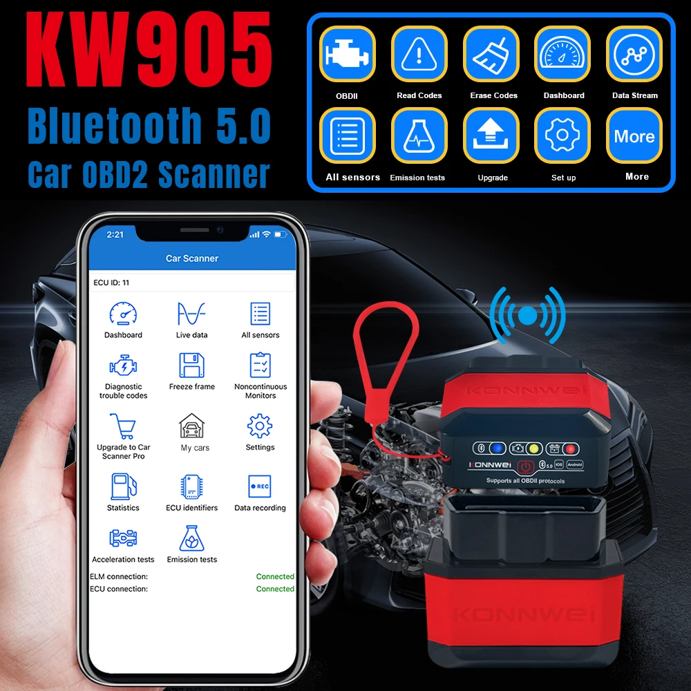 KONNWEI KW905 ELM327 V1.5 OBD2 escáneres Bluetooth 5,0 para Android/IOS ELM 327 OBD 2 herramienta de diagnóstico de coche lector de código