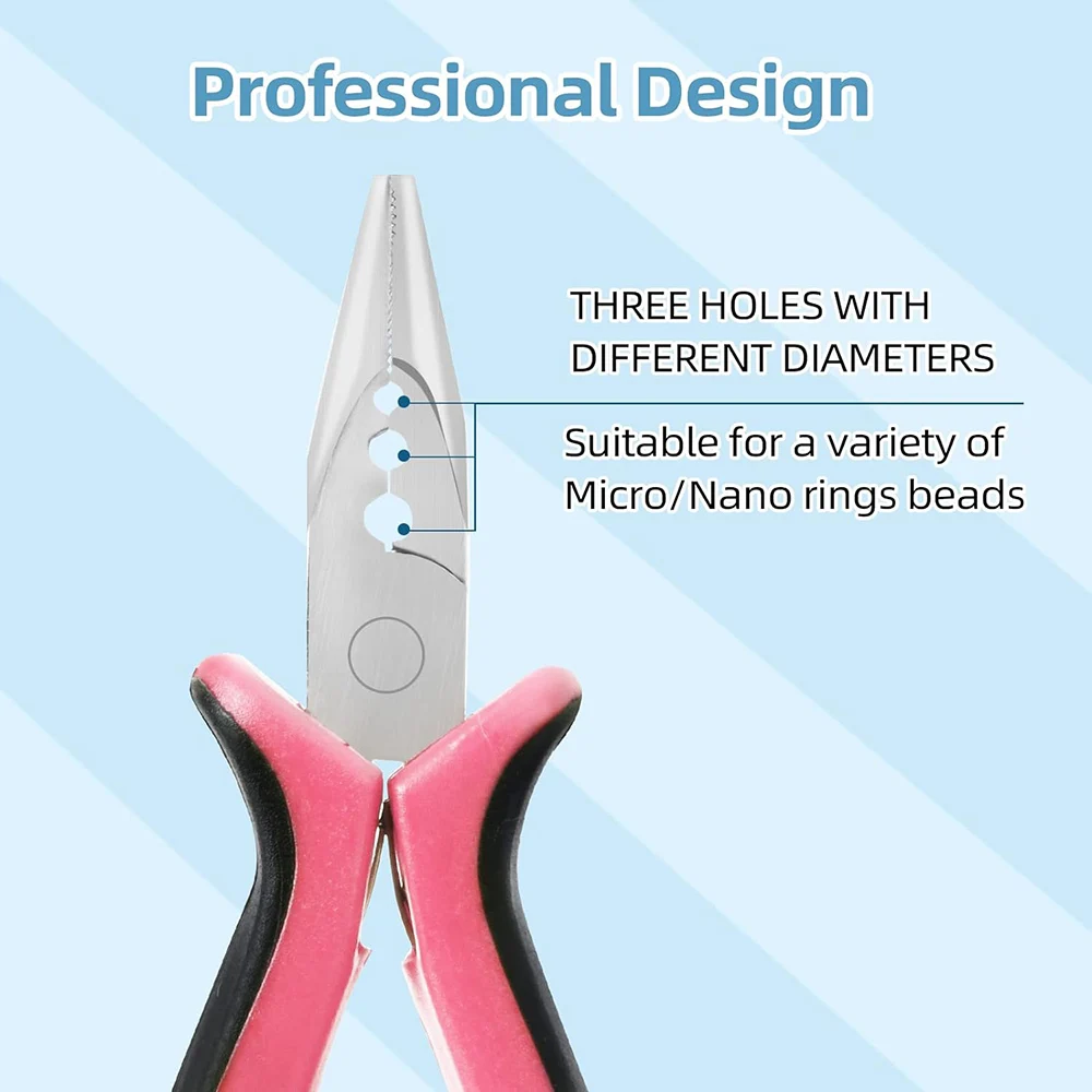 Mini alicates para extensiones de cabello con 3 agujeros, abridor y herramienta de extracción de extensiones de cabello con microanillo Nano, alicates de punta recta rosa