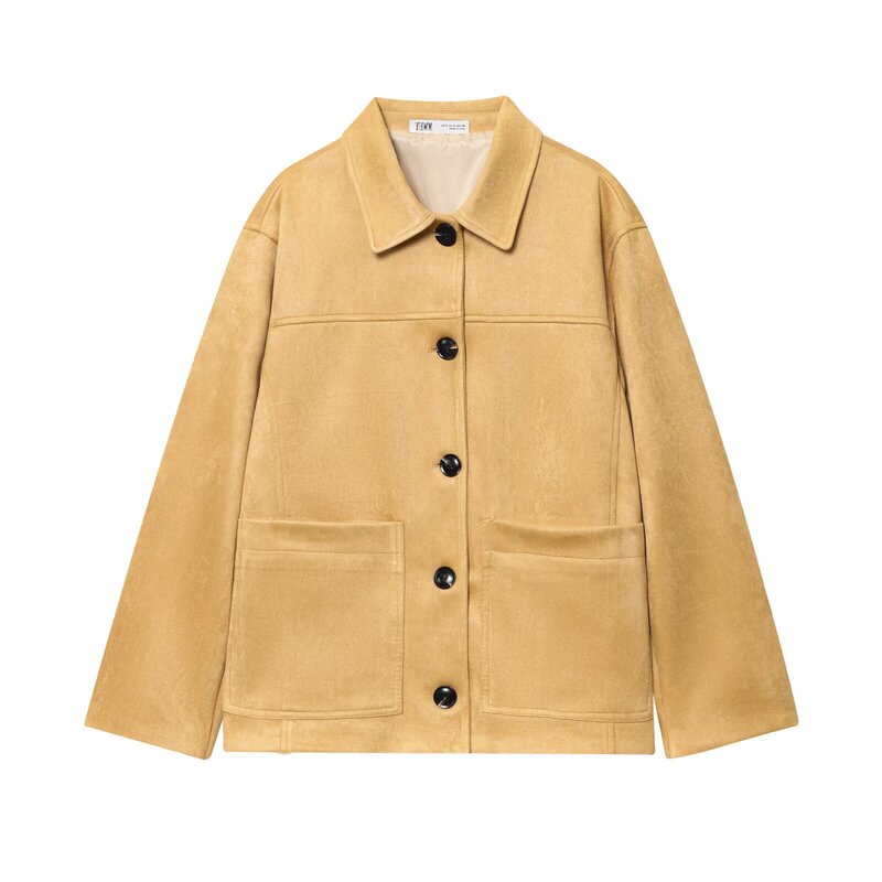 Jaqueta Fena de Couro Sintético com Manga Longa Solta, Nova Chegada de Outono, Estilo Versátil e Quente com Fechamento po...