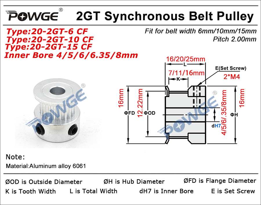 POWGE GT 20 Зубы 2GT 2 м зубчатый шкив Диаметр 4/5/6/6,35/8 мм для 2MGT GT2 синхронного ремня ширина 6/10 мм небольшой зазор 20 Зубы 20т
