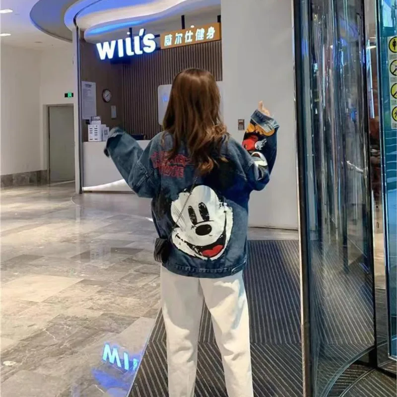 Roupas dos desenhos animados retro impresso denim jaqueta feminina outono novo solto tamanho grande jaqueta dos desenhos animados casual topo solto jaqueta