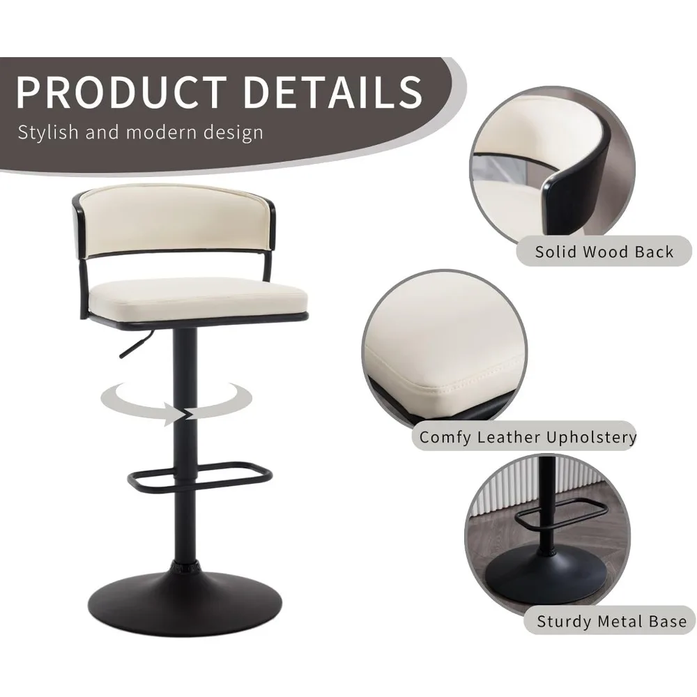 Adjustable Modern Bar Stools Set of 2 Faux Leather Barstools Swivel Counter Height Bar stools with Curved Back/Black Metal Base