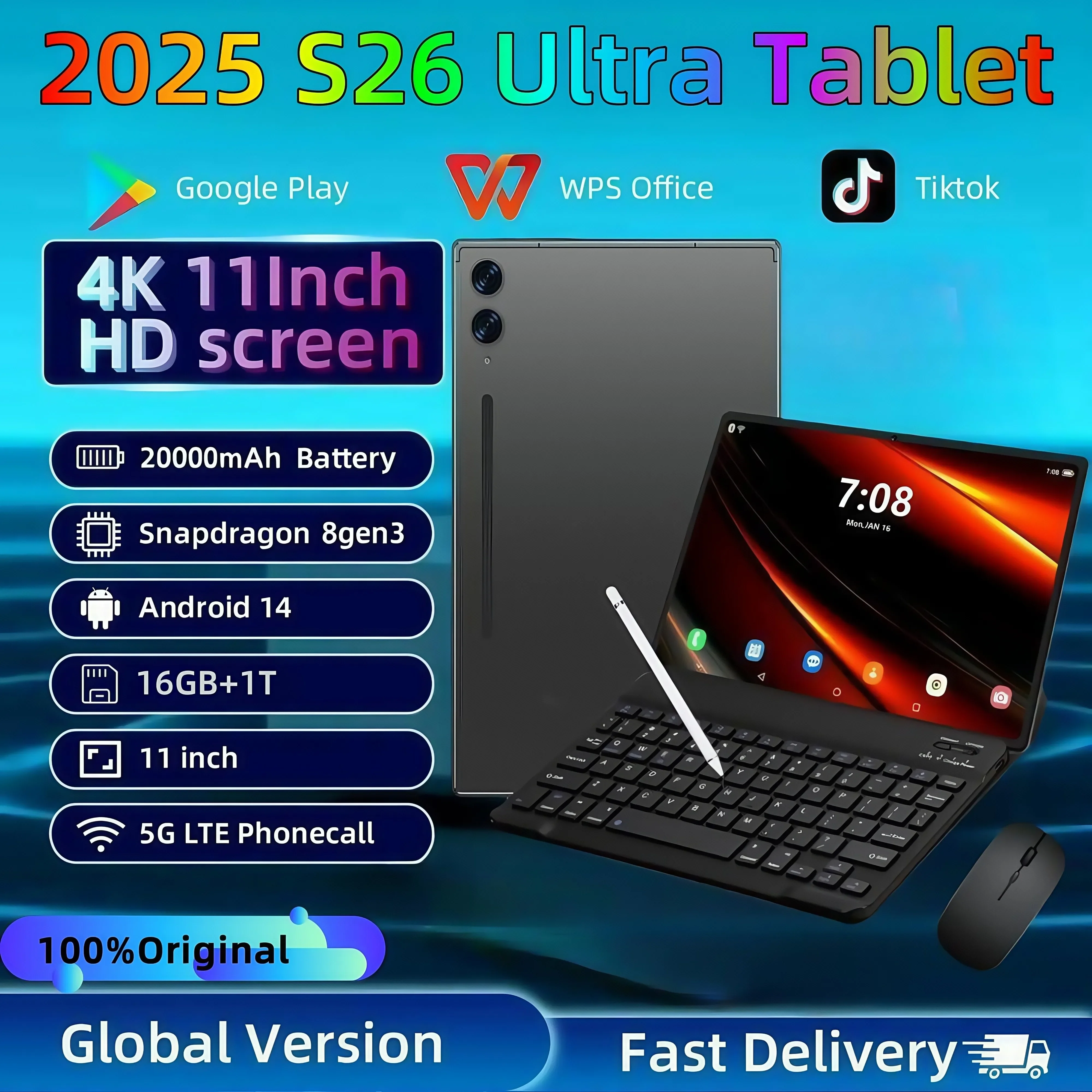 2025แท็บเล็ต S26อัลตร้า16GB + 1T 11นิ้ว HD 4K Android14 20000mAh 5G สองซิมโทรศัพท์ WIFI GPS WPS แท็บเล็ต PC