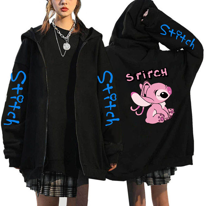 เสื้อกันหนาวขนาดใหญ่เสื้อผ้าผู้หญิงจัดส่งฟรี Disney Lilo & Stitch รูปแบบ Zip-Up Hoodies ฤดูใบไม้ร่วงฤดูหนาวแขนยาว WARM Coat