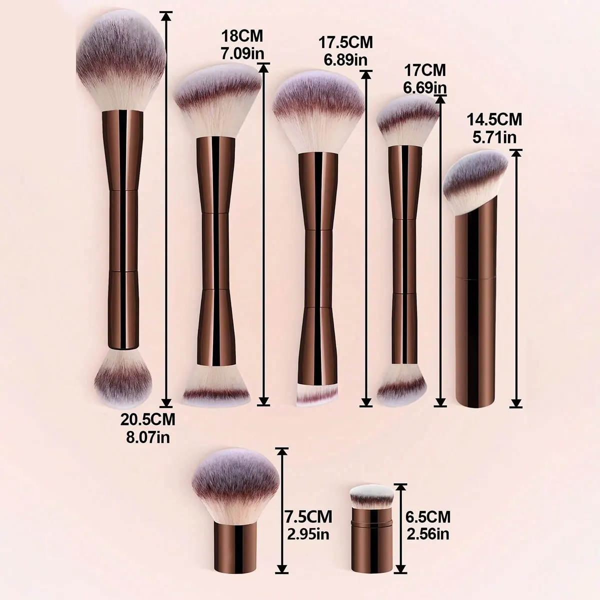 Juego de brochas de maquillaje profesional de 7 piezas, incluye: 4 brochas faciales de doble punta, 1 brocha en ángulo, 1 brocha para base de mango corto,