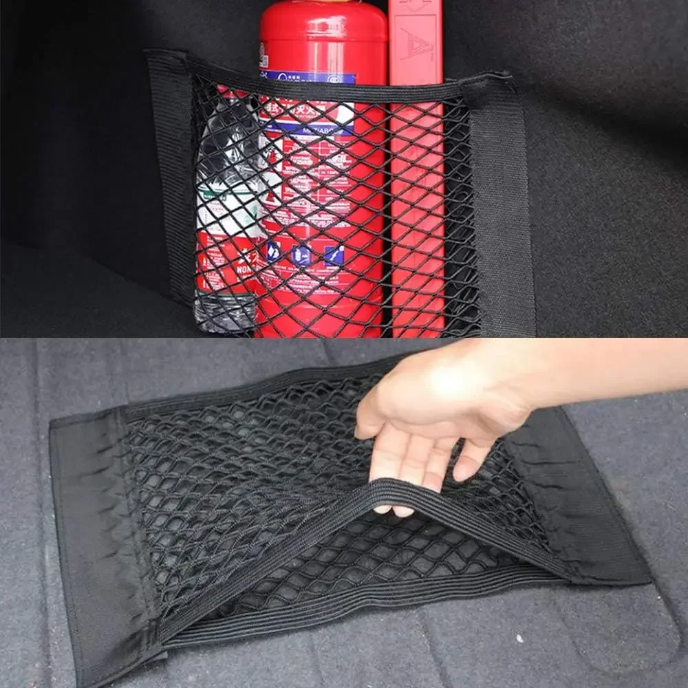Red de almacenamiento para coche, red de bolsillo de malla estirable, pegatina elástica mágica, bolsa de asiento de maletero de malla trasera Universal, jaula de bolsillo, organizador automático