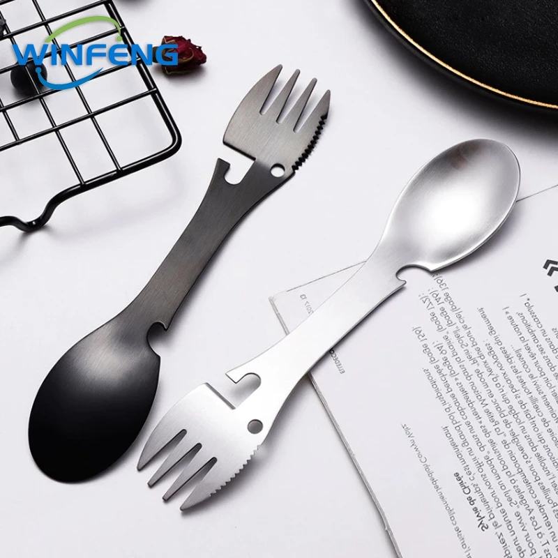 5 Trong 1 Cắm Trại Muỗng Nĩa Dụng Cụ Mở Nắp Chai Di Động Mở Có Thể Đa Năng Dụng Cụ Inox Tự Vệ Dao Cho Ngoài Trời