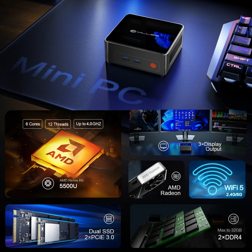 MLLSE G1 Mini PC AMD Ryzen5 5500U Processore 16GB DDR4 512GB SSD WiFi-5 BT4.2 Win11 Pro Mini computer per giochi e lavoro