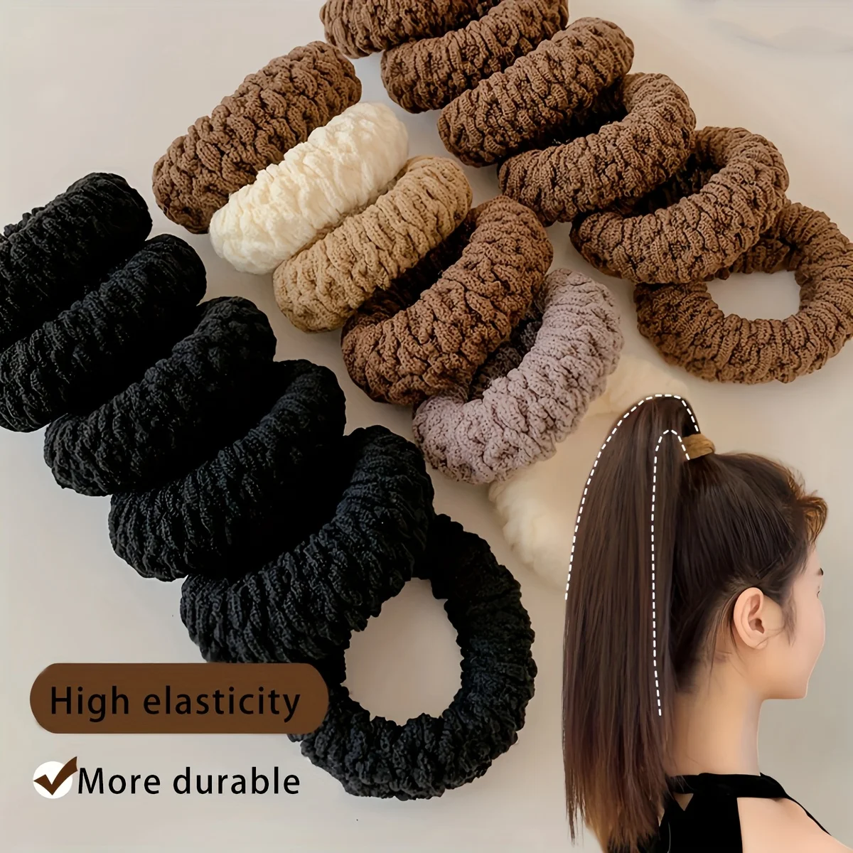 アップグレードされた幅広で厚いヘアゴム 10 個、ポニーテールやおだんごにファッショナブル、ダマにならない耐久性のある弾性素材で作られています。