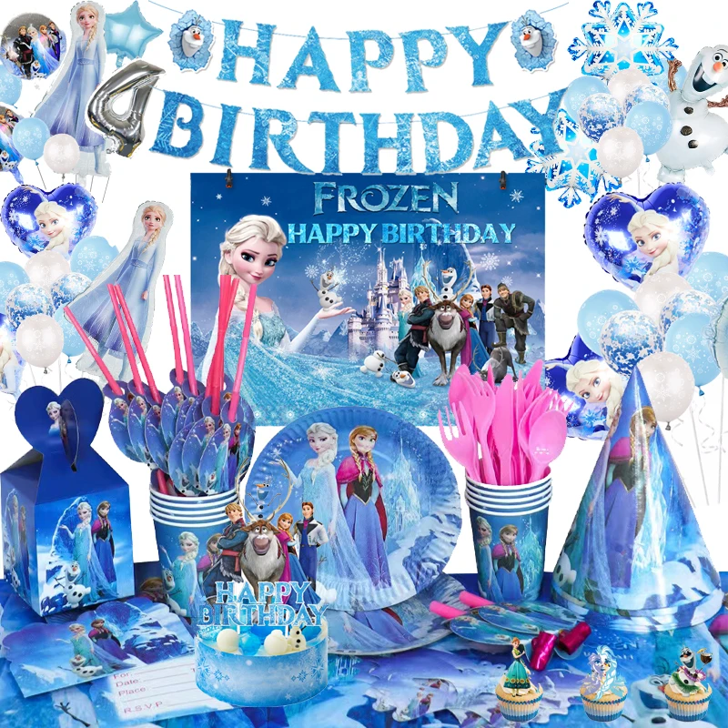Decoraciones para fiesta de cumpleaños de Frozen de Disney, globo, cartel de feliz cumpleaños de Elsa, telón de fondo, vajilla desechable, suministros para regalo de niña
