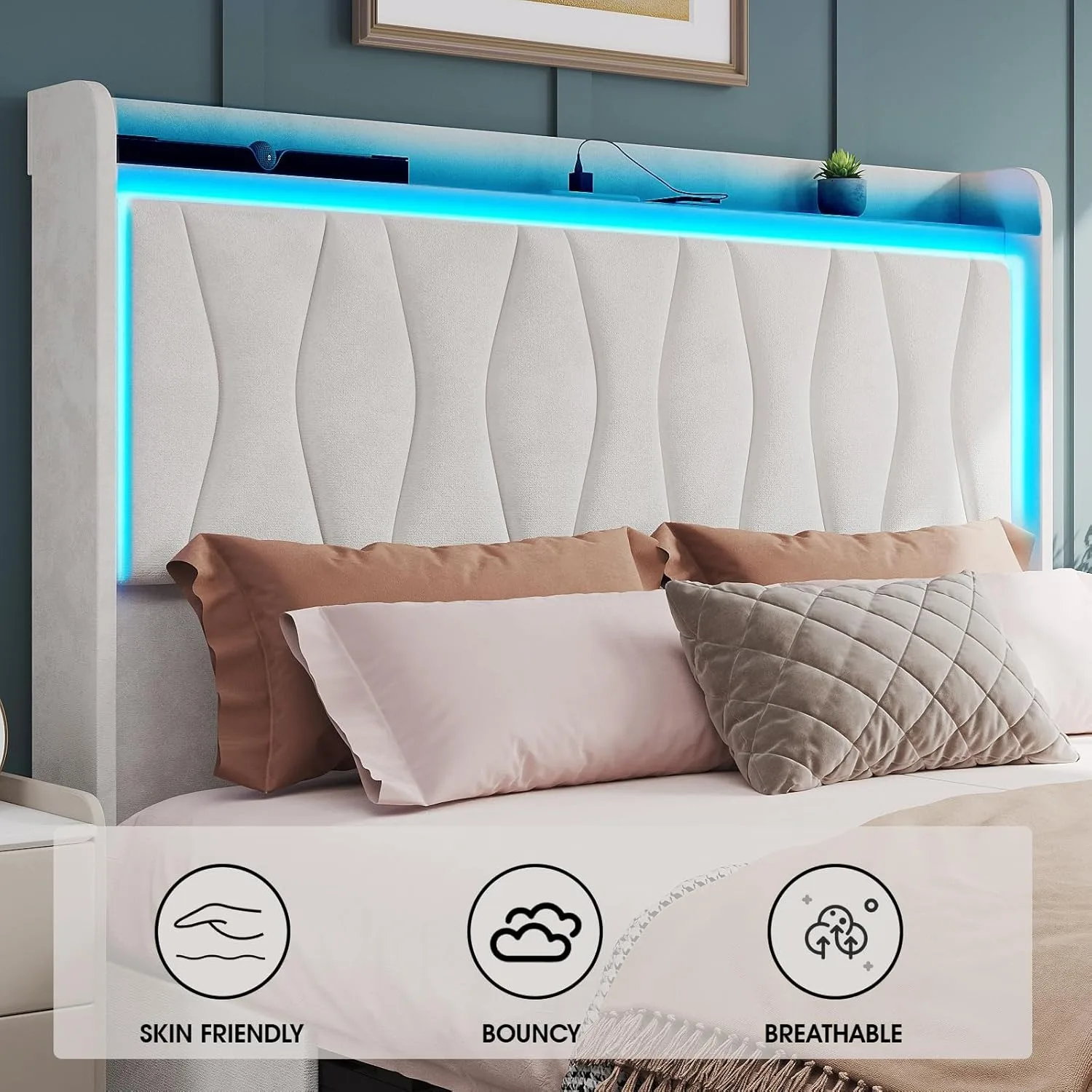 Queen Size Bed Frame with LED Light and 3 Drawers Storage, Upholstered Velvet Platform Bed Frame with Charging Station