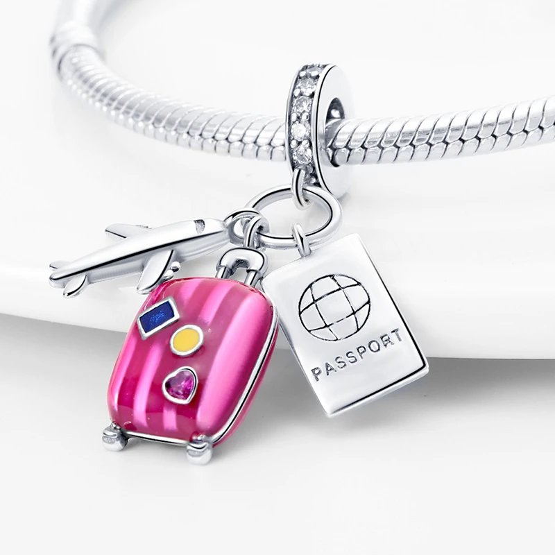 Vendas quentes 925 prata esterlina encantos contas vermelho bagagem árvore da vida câmera torre pingente caber pulseira original diy jóias presentes