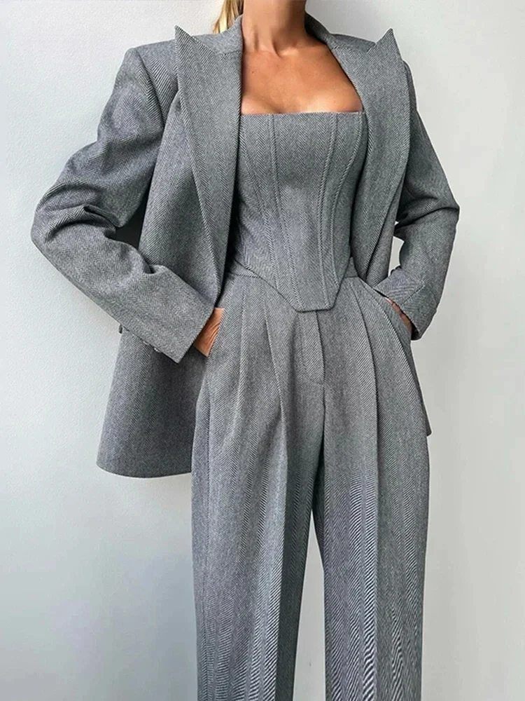 Temperament Fishbone Top Blazer Pants Sets 3 Pieces For Women Solid Jacket Crop Tops High Waist Pocket Pant Lady Office Set 2025