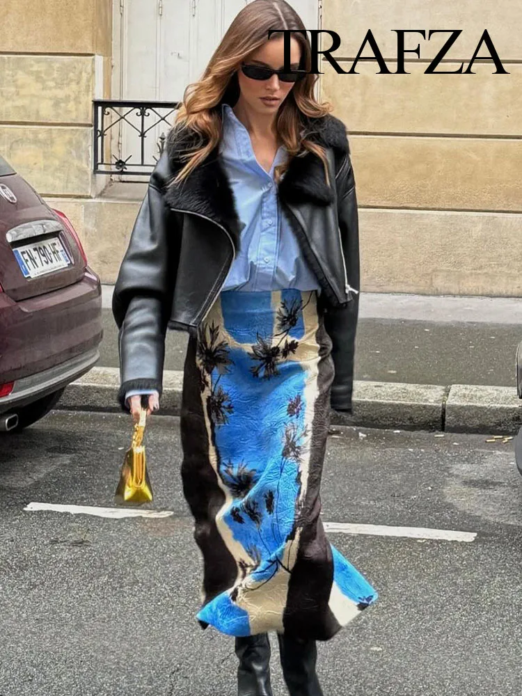 TRAFZA 2024 Sommer Neue Mode Urlaub Gedruckt Midi Langen Rock Zipper Hohe Taille EINE Linie Gerade Röcke Vent Zurück Weibliche Y2K