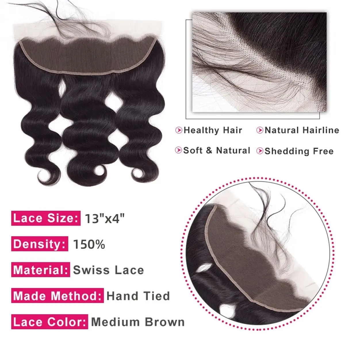 Pacotes de Onda Corporal com Fecho Frontal, Extensões de Cabelo Humano, 100% Natural, 13x4 Transparente Lace, 3 Pacotes