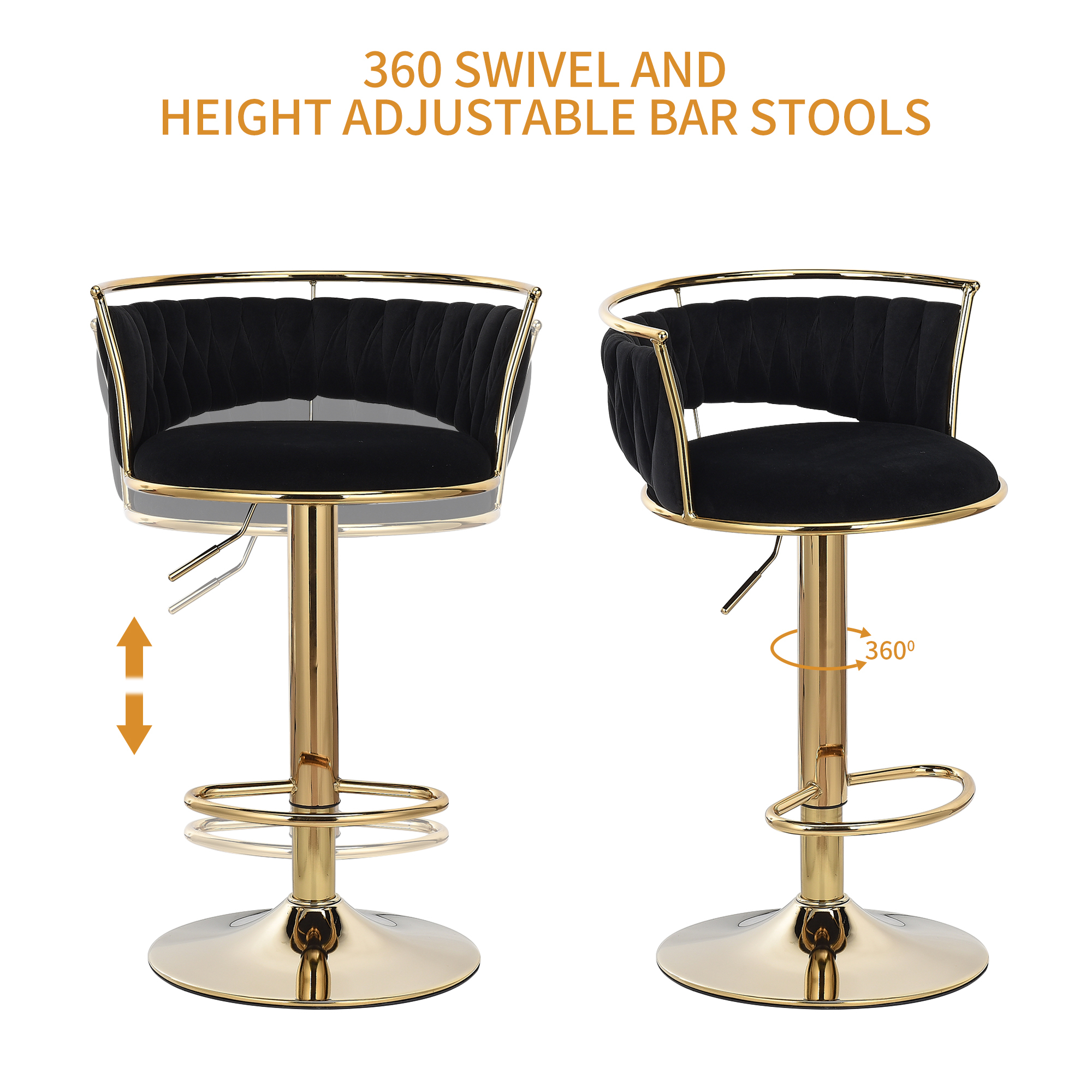 Taburetes de Bar de terciopelo giratorio 360 °, Juego de 2 sillas de mostrador ajustables con reposapiés para cocina, comedor, 2 unidades por juego