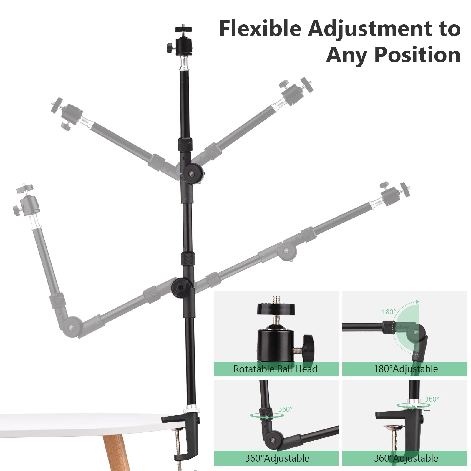 Andoer ST-01 Metallhalterung, flexibel, faltbar, Schreibtischhalterung, Kugelkopf-Adapter für Fülllicht, LED-Ringlicht, Kamera, Smartphone