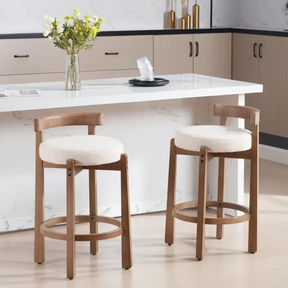Century Bar Stools Set of 2, 26.5 Inch Linen Counter Height Upholstered Barstools Bar Chairs with Solid Wooden Legs