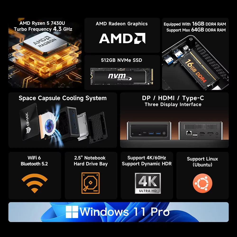 BMAX MaxMini B7 A Pro Mini-PC AMD Ryzen 5 7430U AMD Radeon Graphics 16 GB DDR4 512 GB SSD Windows 11 WIFI 6