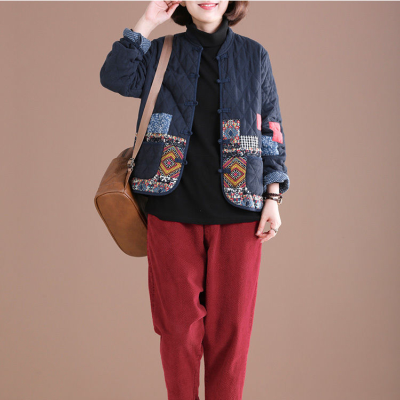 Casacos de algodão de manga comprida, jaqueta acolchoada vintage, casacos de patchwork, tamanho grande, outono e inverno