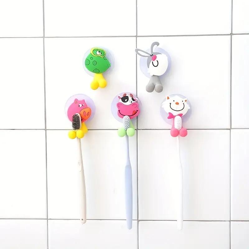 5pc Cute Cartoon Animal Toothbrush Holder,Wall OuntedToothbrush Storage Rack,BathroomMultifunctional Wall Hook,Toothbrush Holder