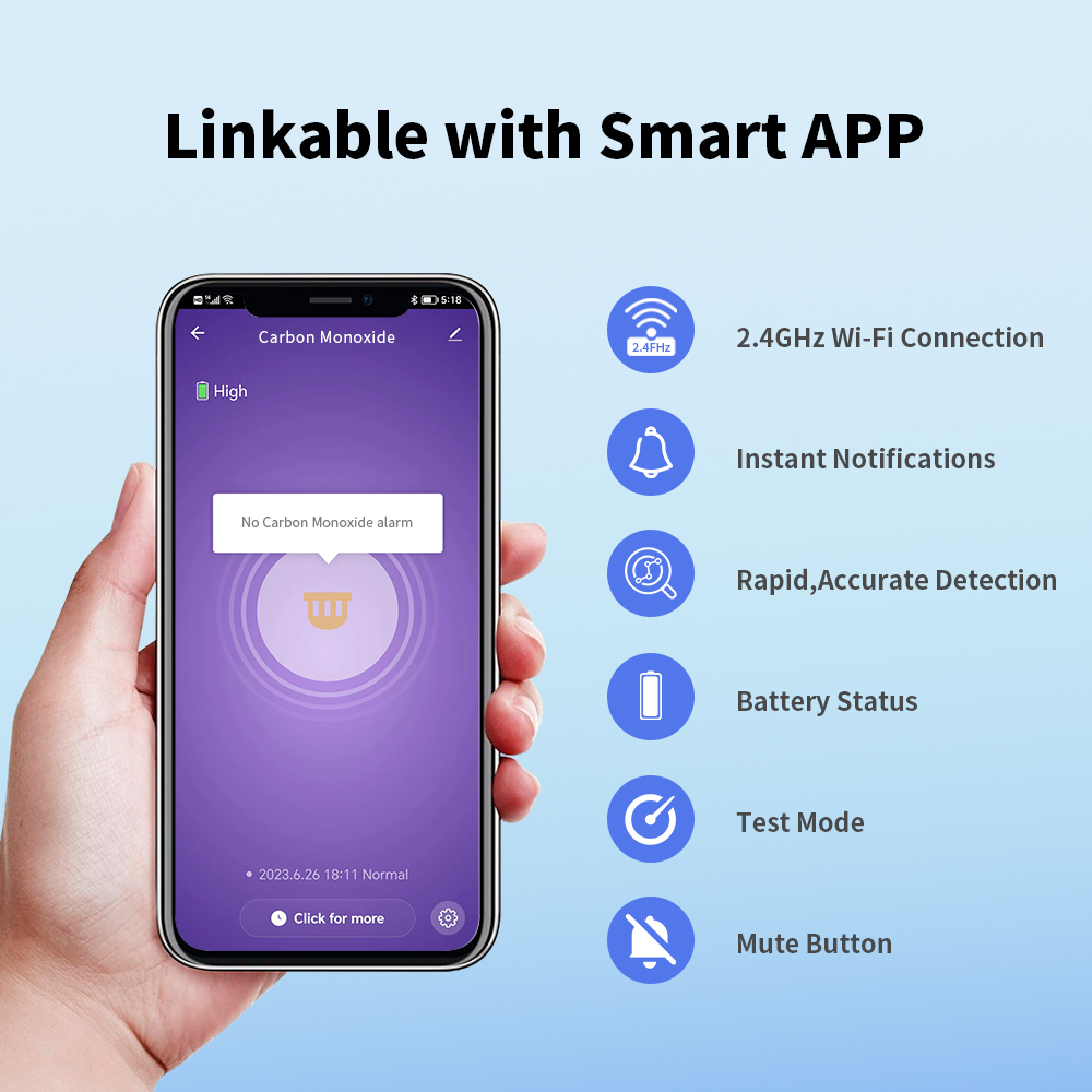 Allarme monossido di carbonio WiFi Tuya, rilevatore di gas CO intelligente WiFi con controllo app Tuya, batteria di durata di 10 anni, CE, VC22WR