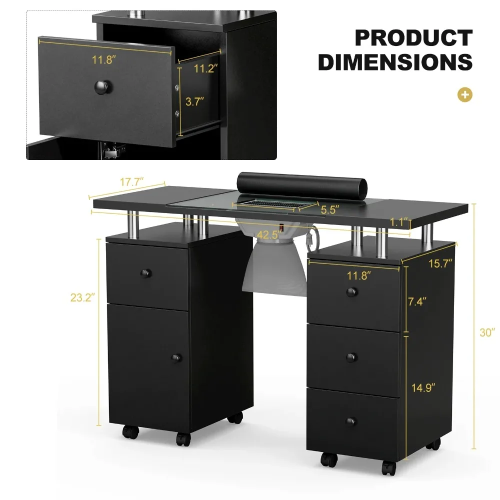 Nail Desk for Technician Manicure Table, Nail Table w/Electric Dust Collector & Wrist Rest Cushion, Acetone Resistant Nail Table