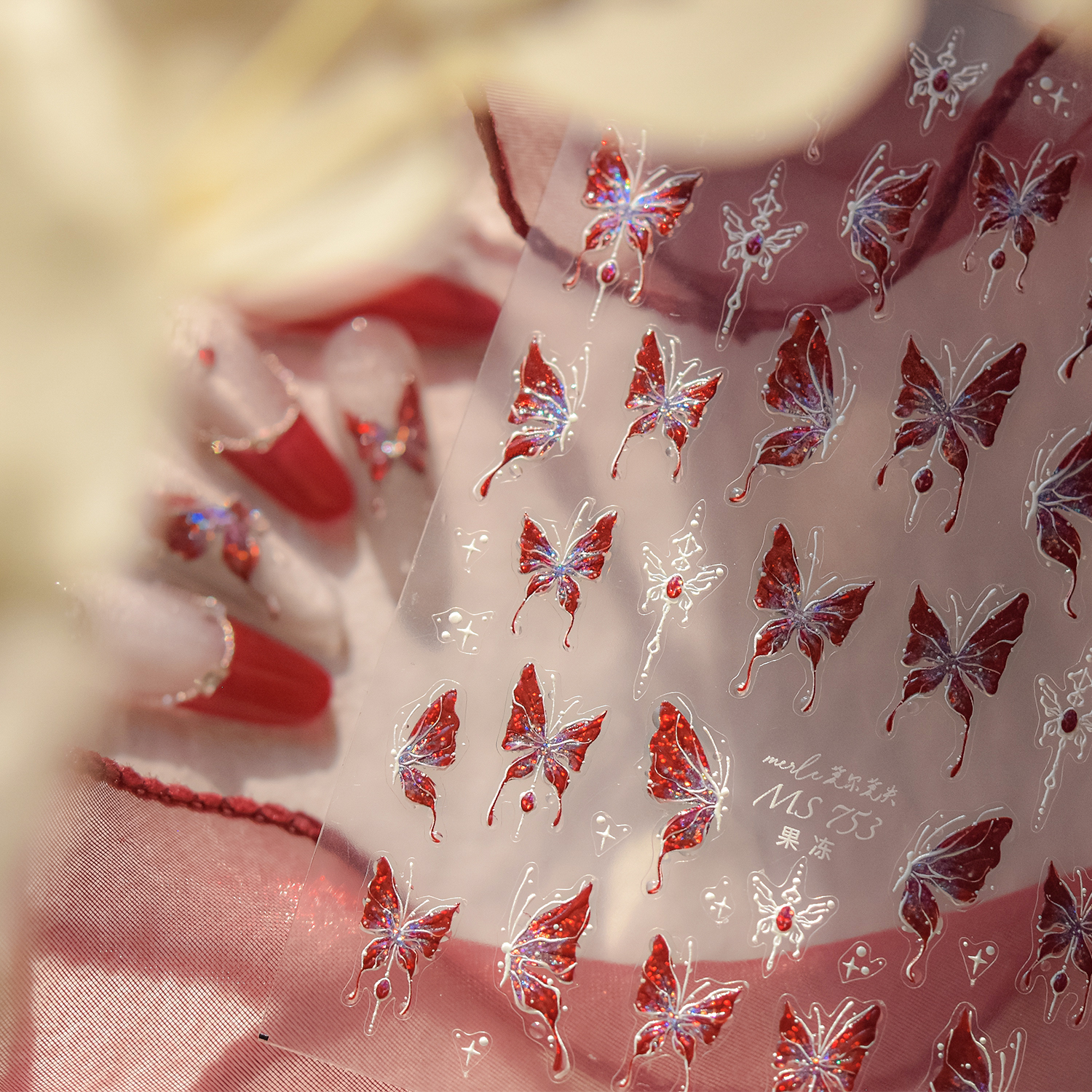 Red Butterfly 5D Nail Sticker Nail Art Decoration Spring Flowers Nail Art Decal Relief Sticker Press on Nails