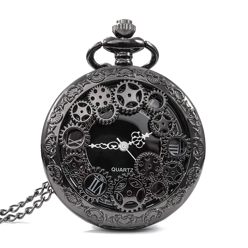 Steampunk miedziany Vintage z wydrążonym sprzętem z ażurową dekoracją kwarcowy zegarek kieszonkowy naszyjnik z zegarem i łańcuchem mężczyźni kobiety z łańcuszkiem prezenty