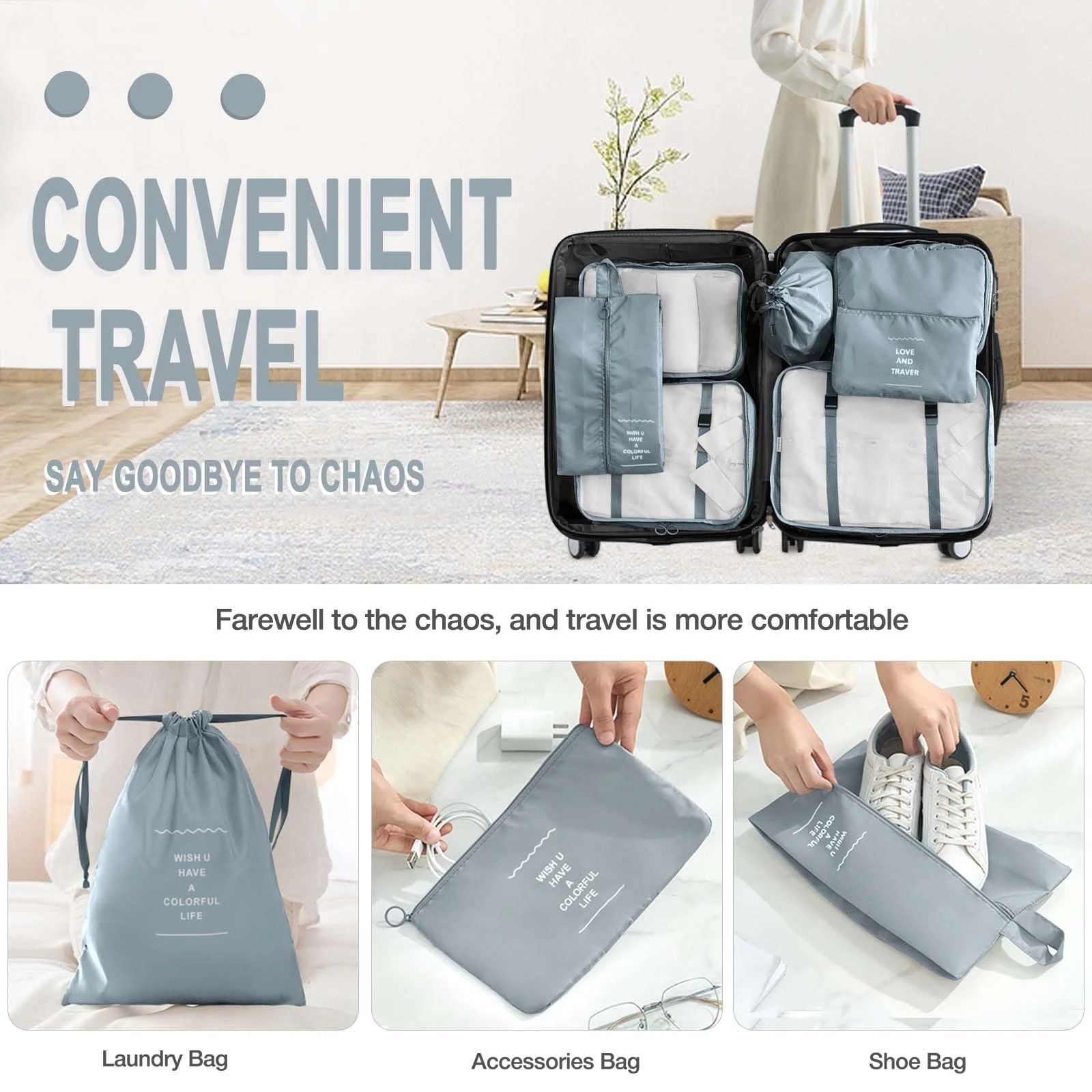 7Pcs Travel Organizer Set Folding Storage Bags Wardrobe Cube Suitcase Packing Luggage for Clothes & Shoes