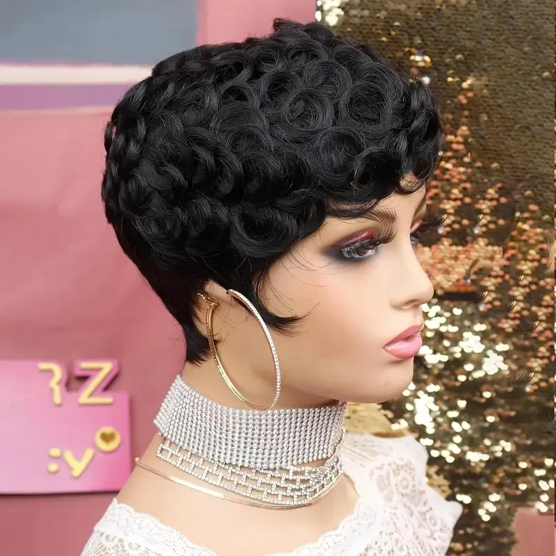 Curto ondulado encaracolado pixie corte completo máquina feita perucas de cabelo humano com bang para preto feminino remy cabelo brasileiro pixie corte peruca