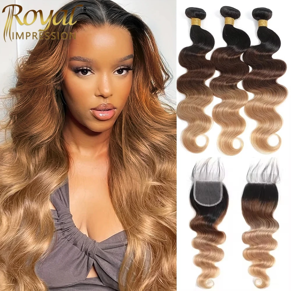 Ombre cor onda do corpo pacotes de cabelo humano com fechamento 100% cabelo virgem não processado 1b/4/27 pacotes coloridos extensão do cabelo humano