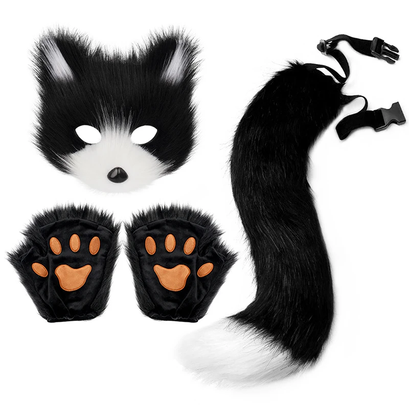 3-teiliges Schlüsselanhänger mit flauschigem Fell, Fuchsschwanz, Katzenpfoten, Handschuhe und Wolf, Therian-Maske, Set für Halloween, Cosplay, Kostümzubehör