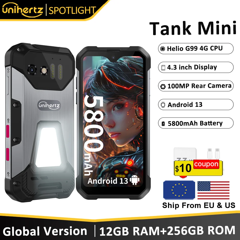 Unihertz 8849 Tank Mini Smartphone resistente Pantalla de 4,3 pulgadas Android 13 5800mAh 24GB 256GB Helio G99 Octa Core 100MP Cámaras IP68
