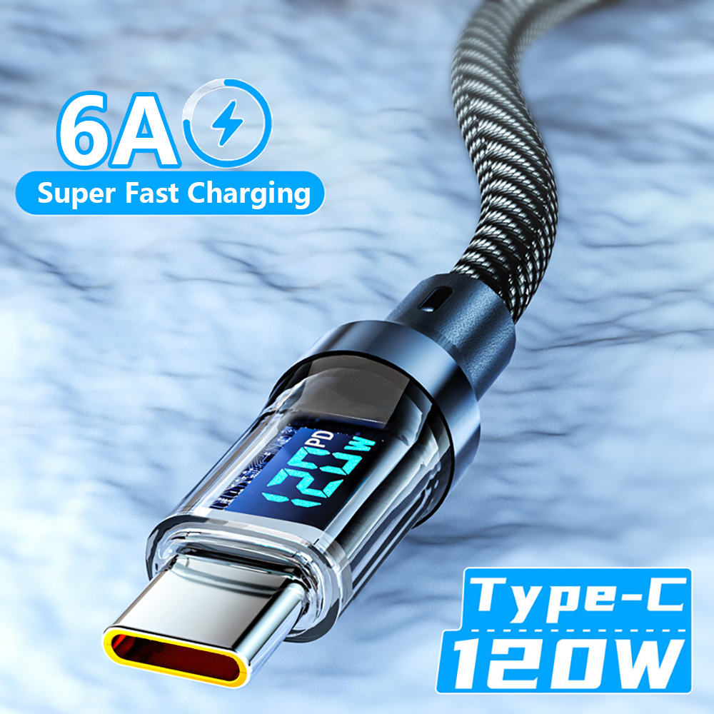 Cable USB a tipo C de 120W, Cable de carga súper rápida para teléfono con pantalla LED, Cable de datos para Xiaomi, Redmi, Samsung, Huawei, Honor, 1M, 2M