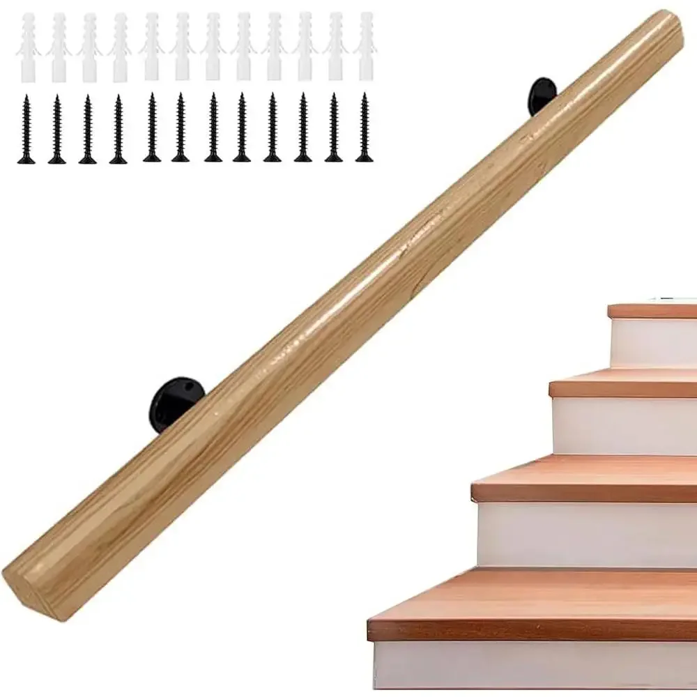 Wooden Handrails Non-Slip Staircase Handrail Complete Kit with Metal Bracket Safety Anti-Slip Indoor Elderly Support Rail