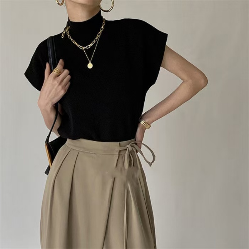 Clearance_1pc Shirt En Blouses Kantoor Dame Mode Zomer Vrouw Opstaande Kraag Gebreid Vest Losse Elegante Tops Korte Mouw 1pc