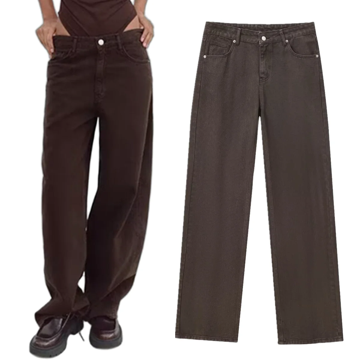 Maxdutti Mode Damen Pendeln Mom Jeans Minimalistische Retro Braun Gewaschene Denim Hosen Mittlere Taille Gerade Jeans Frauen