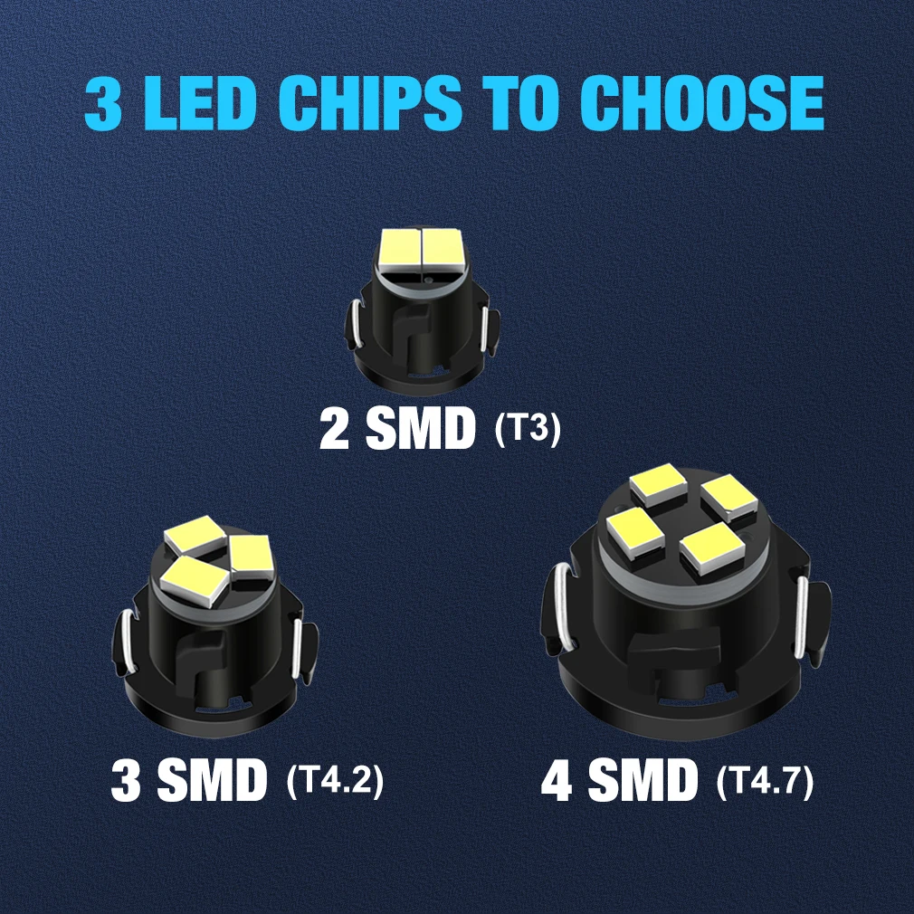 10 Uds Canbus T3 LED T4.2 T4.7 bombilla Led luces interiores de coche indicador cuña tablero calentamiento lámpara de instrumento automático DC 12V
