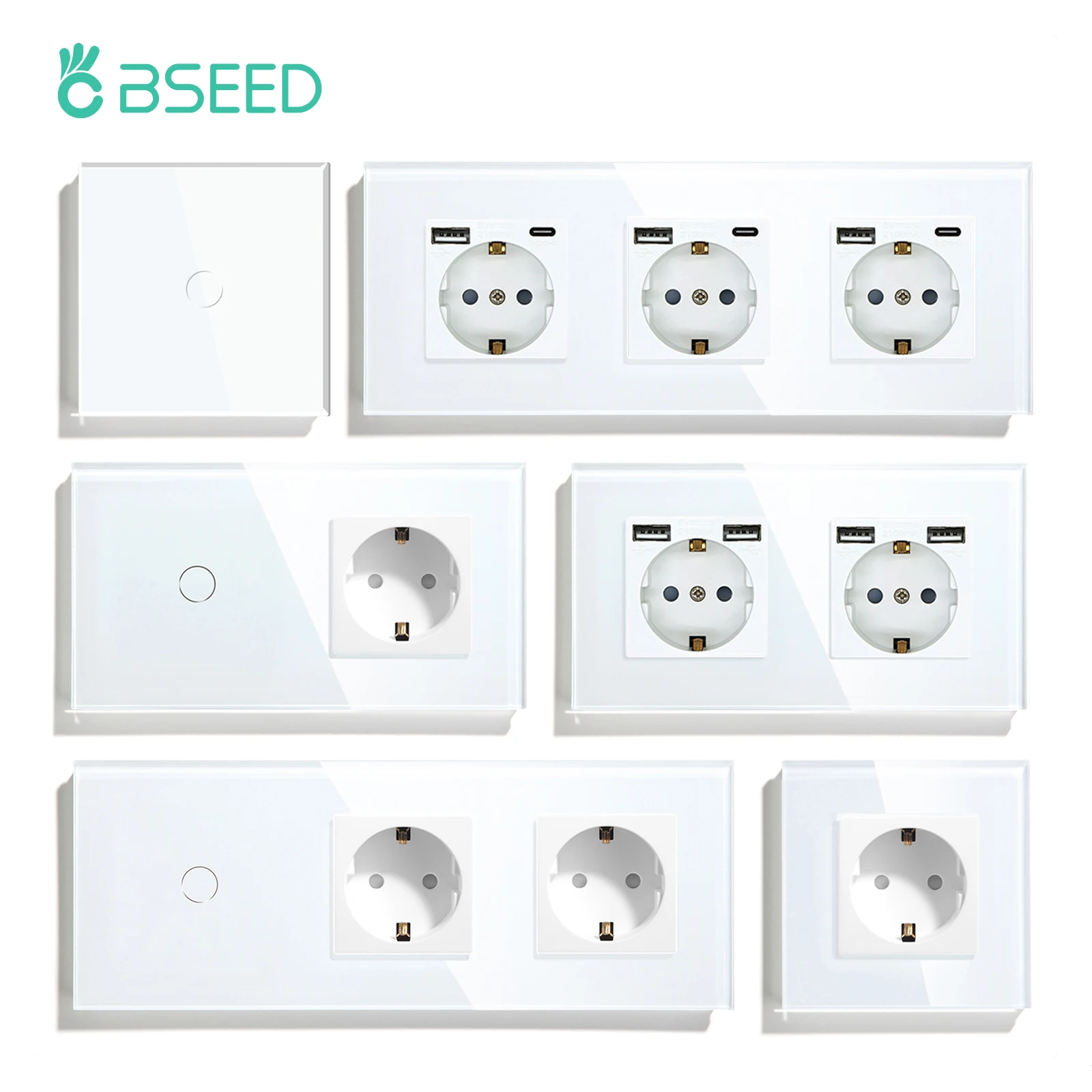 BSEED Одинарная розетка, настенные вилки европейского стандарта, двойные розетки, USB Type-C, зарядка телефона, стеклянная панель, настенный сенсорный переключатель, защита детей