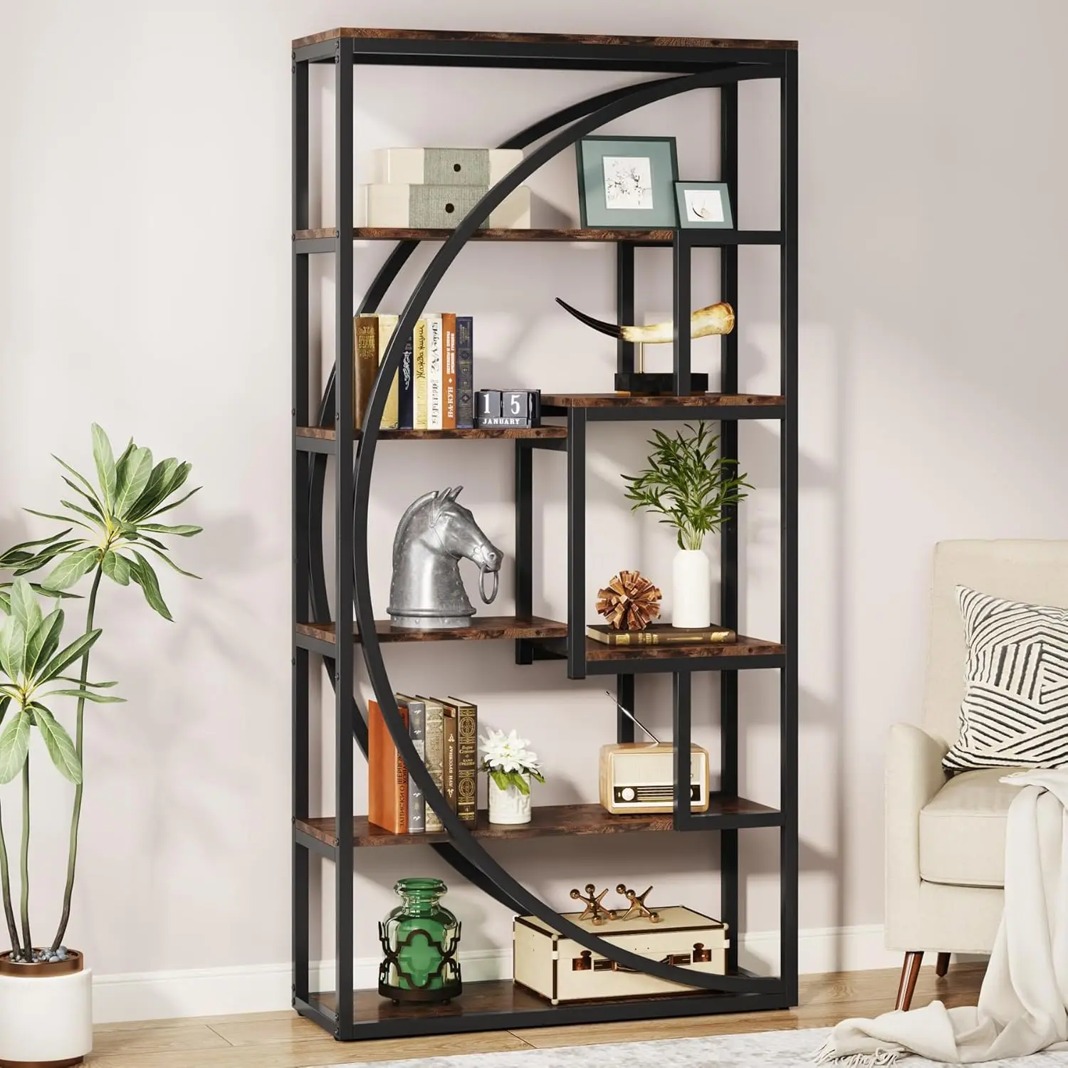 Bookshelf, 5-Tier Etagere Bookcase, 70.8 inch Tall Bookshelf with 8 Open Storage Shelf for Home Office Living Room, Rustic Brown