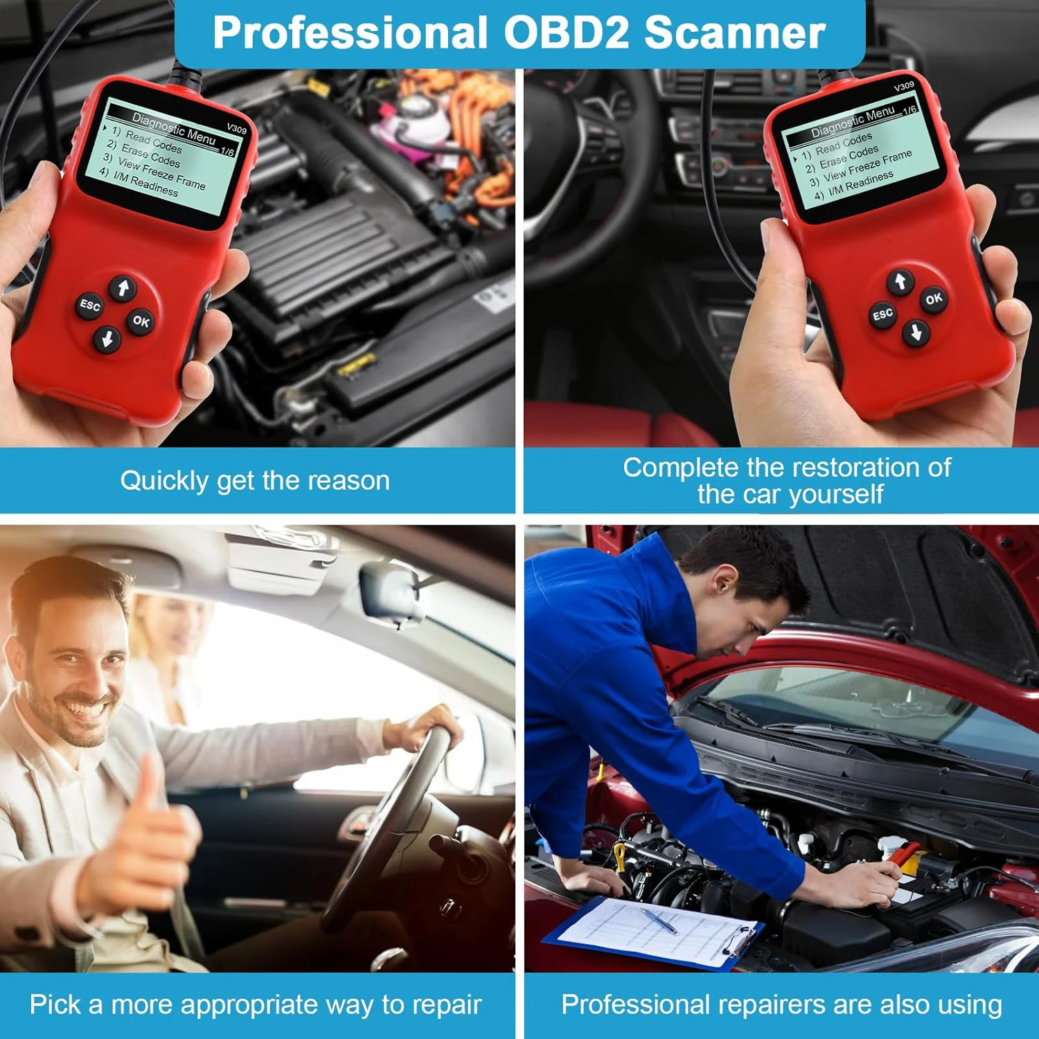 V309 obd2 scanner diagnóstico automotivo troubleshooter leitor de código de problemas do motor automotivo obd2 verificar luzes do motor